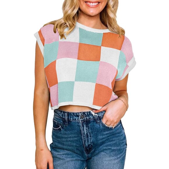 Womens Color Block Crew Neck Crop Top Summer Casual Knit Medium - Picture 2 of 5